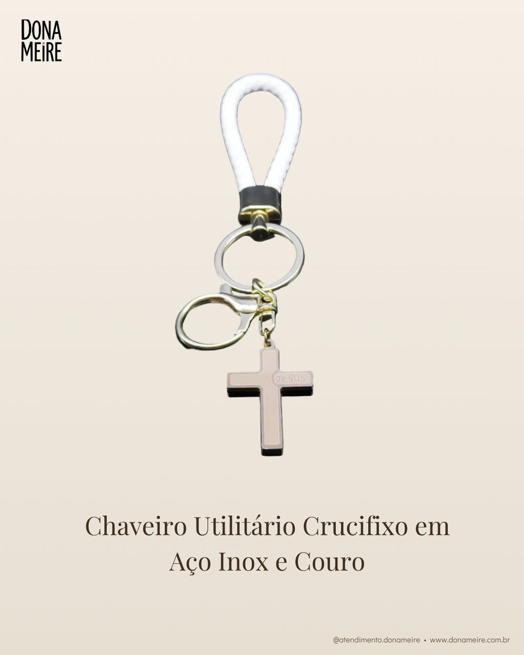 Chaveiro Utilitário Crucifixo em Aço Inox e Couro