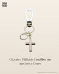 Chaveiro Utilitário Crucifixo em Aço Inox e Couro