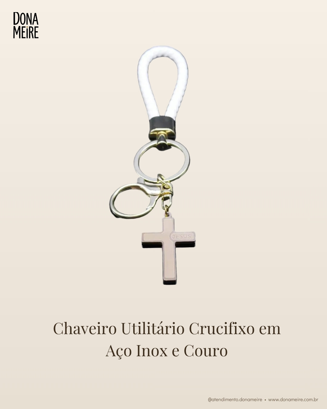 Chaveiro Utilitário Crucifixo em Aço Inox e Couro