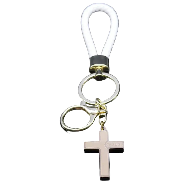 Chaveiro Utilitário Crucifixo em Aço Inox e Couro