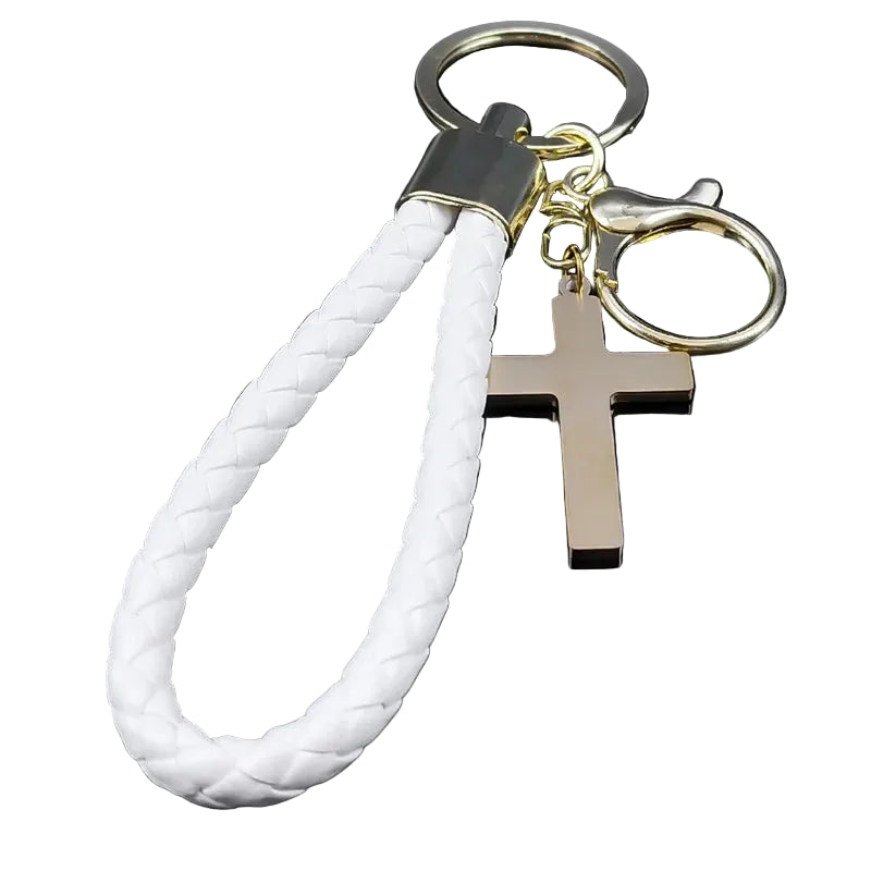 Chaveiro Utilitário Crucifixo em Aço Inox e Couro