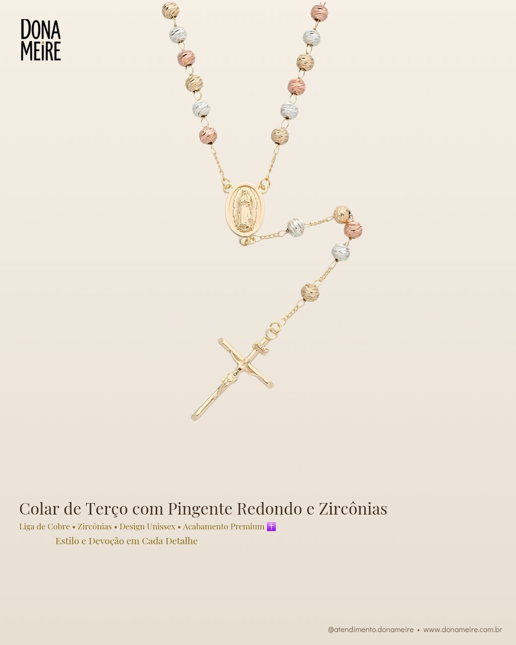 Colar de Terço com Pingente Redondo e Zircônias – Estilo e Devoção
