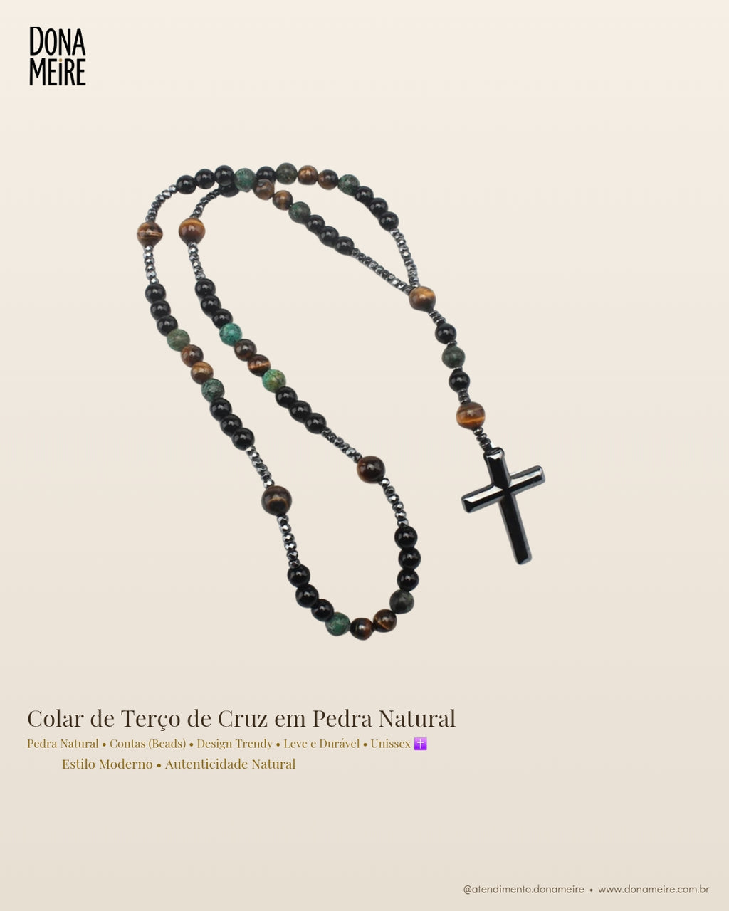 Colar de Terço de Cruz em Pedra Natural – Estilo Moderno e Autêntico
